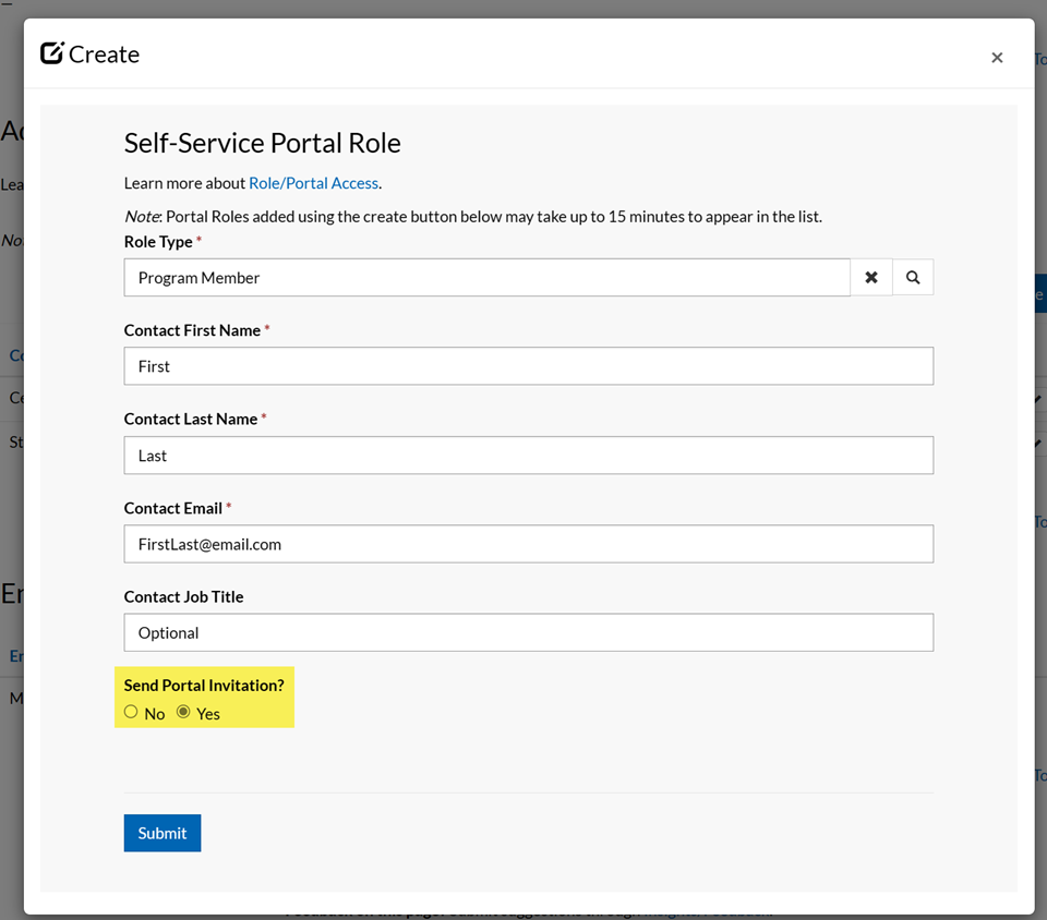 Create, Self-Service Portal Role Create form, Send Portal Invitation option