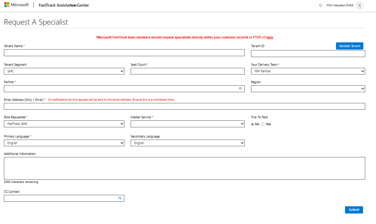 SME Request form after selecting the FRP Delivery Team