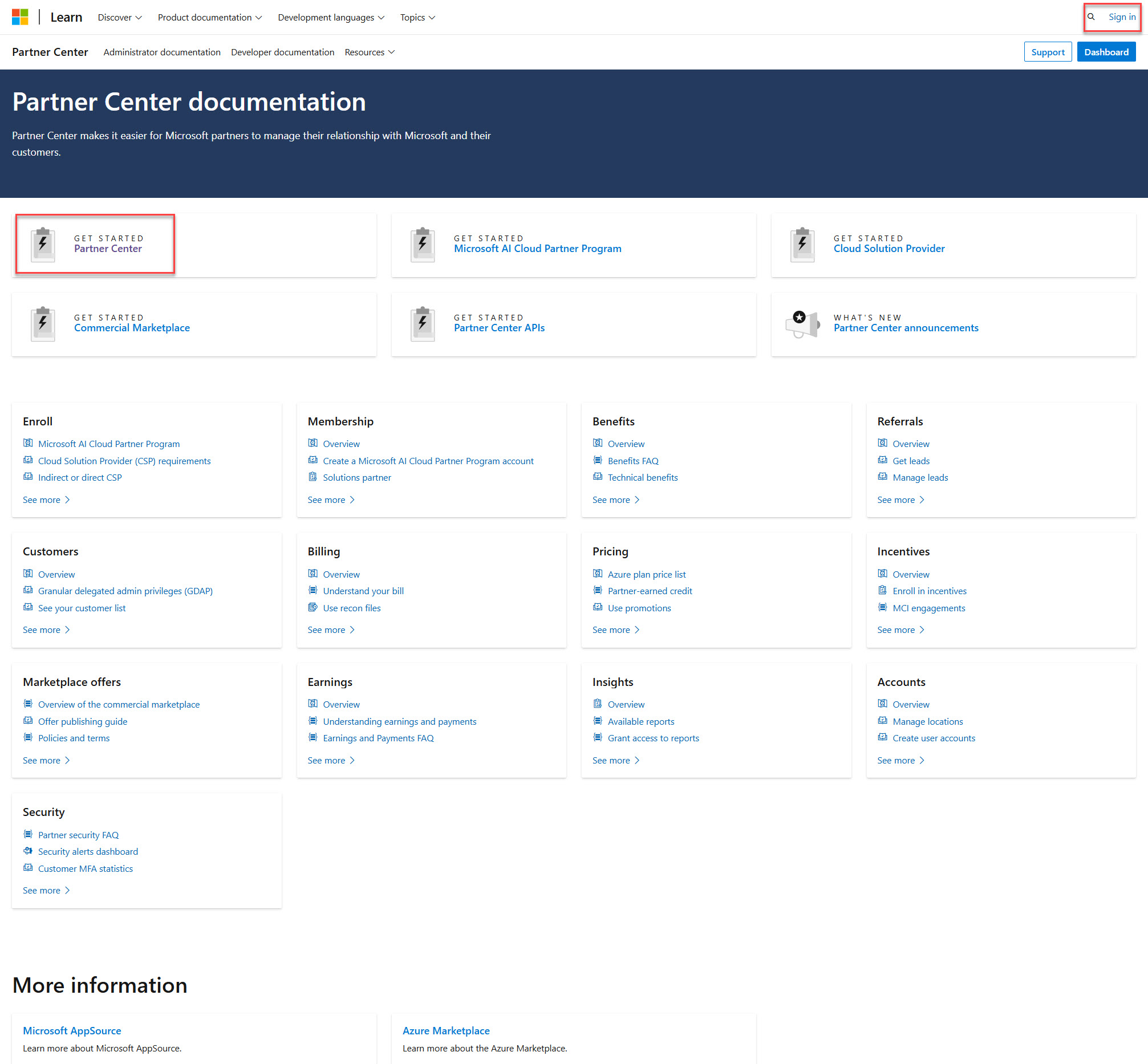 Partner Center Documentation web page