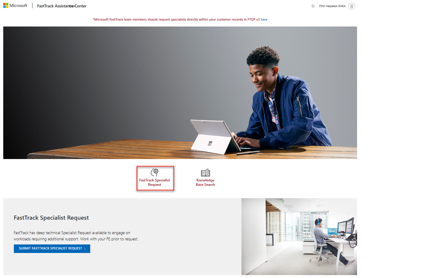 FastTrack Specialist Request button on the FastTrack Assistance Center homepage